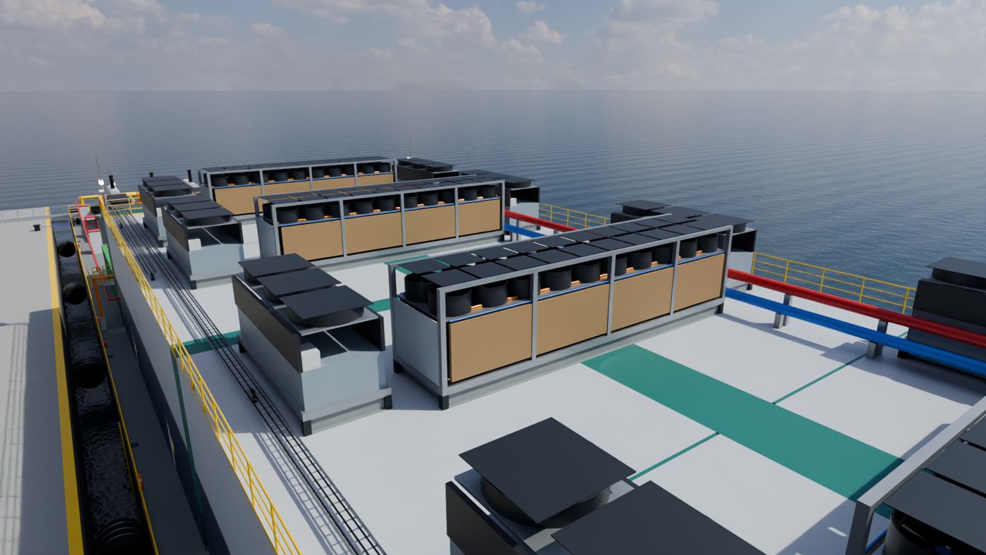 Render of the barge deck with cooling and power equipment