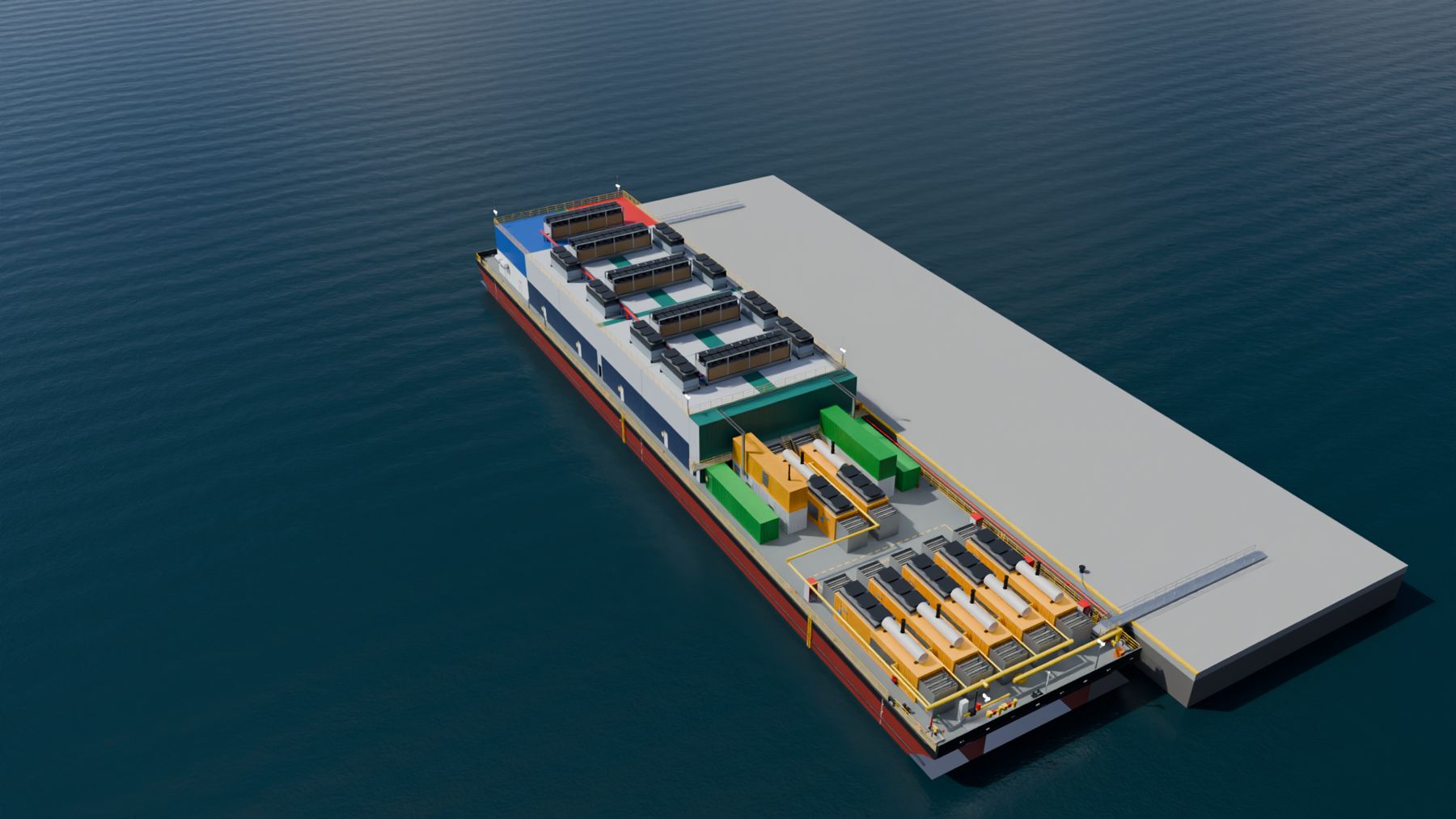 Render of a floating AI data centre on a barge at sea, from the 3D model