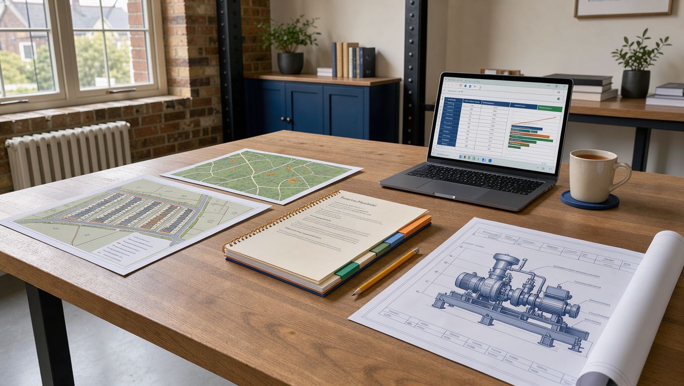 Technical documents being reviewed at a table