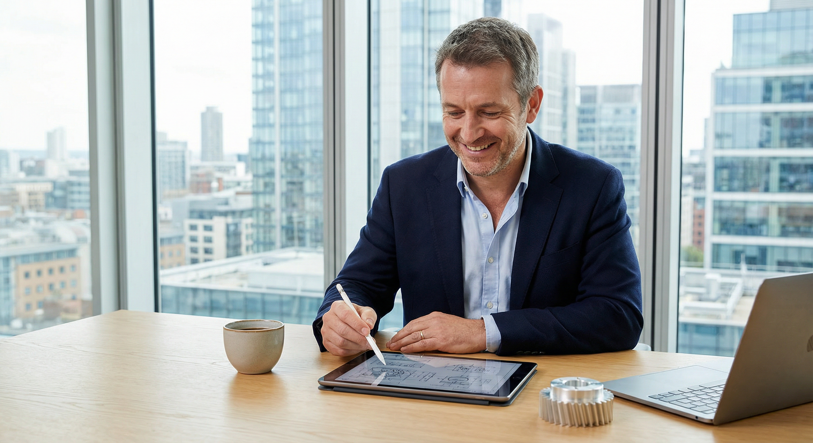 Experienced executive reviewing engineering plans