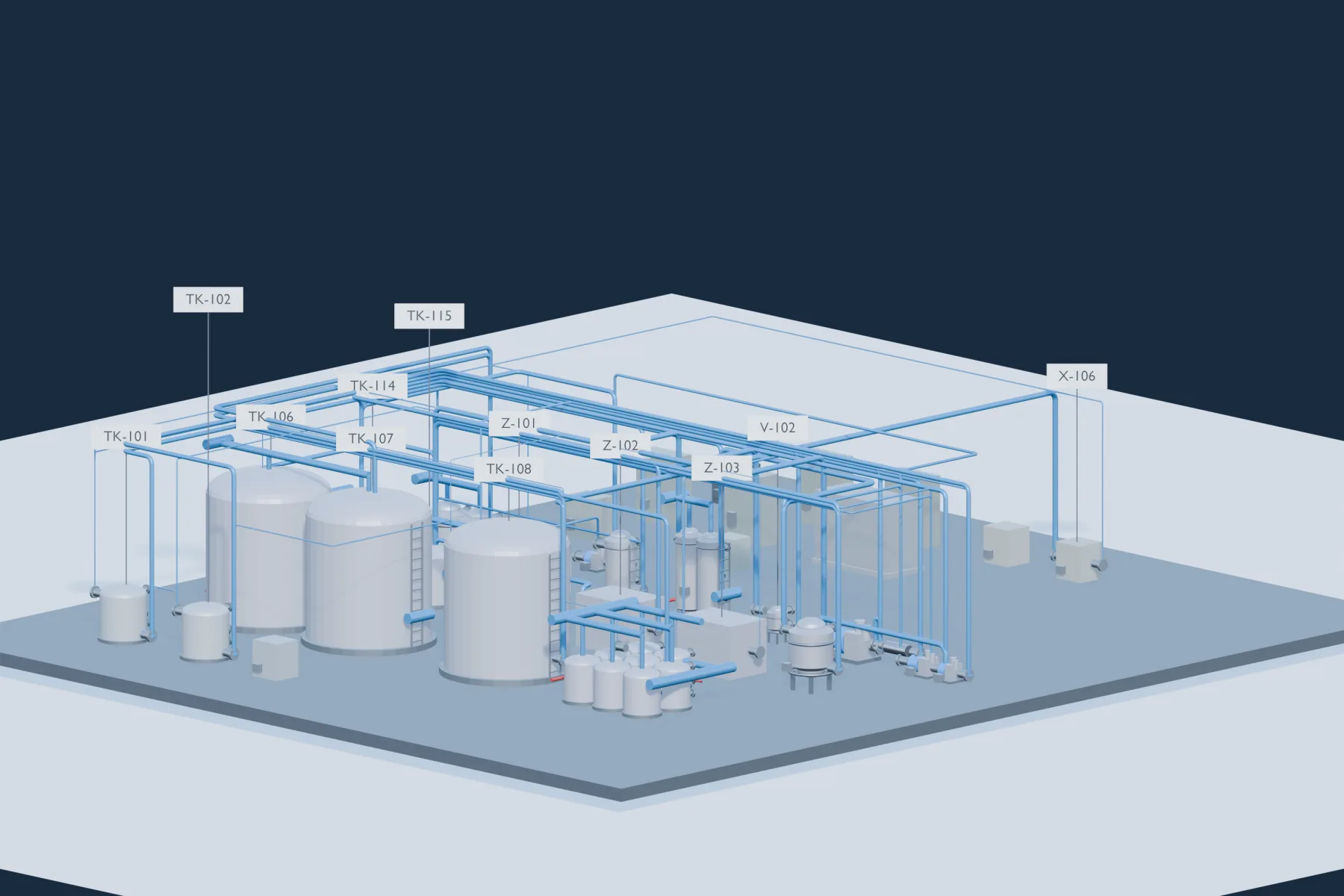 Photoreal isometric render of a water-treatment plant Fractional Forge designed